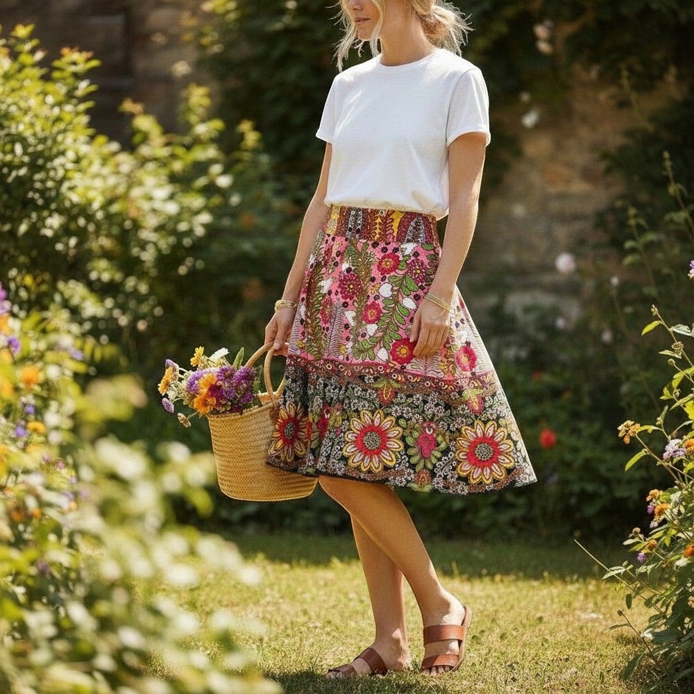 CAbi Women's Summer Sz 6 Cotton '70's Floral Pleated Knee-Length Skirt